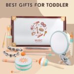 An 8-piece set of Meytccve Montessori wooden musical instruments for toddlers, including a tambourine, maracas, hand bells, f