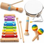 Colorful MINGKIDS Montessori 11-piece wooden musical instrument set for toddlers, including xylophone, drum, and maracas.