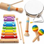 Colorful MINGKIDS Montessori 11-piece wooden musical instrument set for toddlers, including xylophone, drum, and maracas.