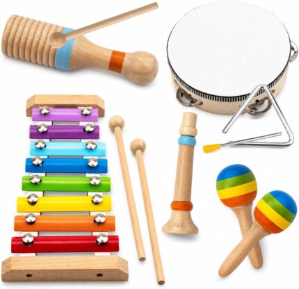 Colorful MINGKIDS Montessori 11-piece wooden musical instrument set for toddlers, including xylophone, drum, and maracas.