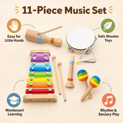 Colorful MINGKIDS Montessori 11-piece wooden musical instrument set for toddlers, including xylophone, drum, and maracas.
