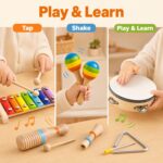 Colorful MINGKIDS Montessori 11-piece wooden musical instrument set for toddlers, including xylophone, drum, and maracas.