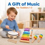 Colorful MINGKIDS Montessori 11-piece wooden musical instrument set for toddlers, including xylophone, drum, and maracas.