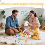 Colorful MINGKIDS Montessori 11-piece wooden musical instrument set for toddlers, including xylophone, drum, and maracas.