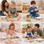 Colorful MINGKIDS Montessori 11-piece wooden musical instrument set for toddlers, including xylophone, drum, and maracas.