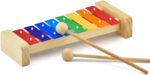 MUSICUBE wooden xylophone for kids with eight colorful metal keys and two wooden mallets on a light wood base.