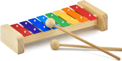 MUSICUBE wooden xylophone for kids with eight colorful metal keys and two wooden mallets on a light wood base.