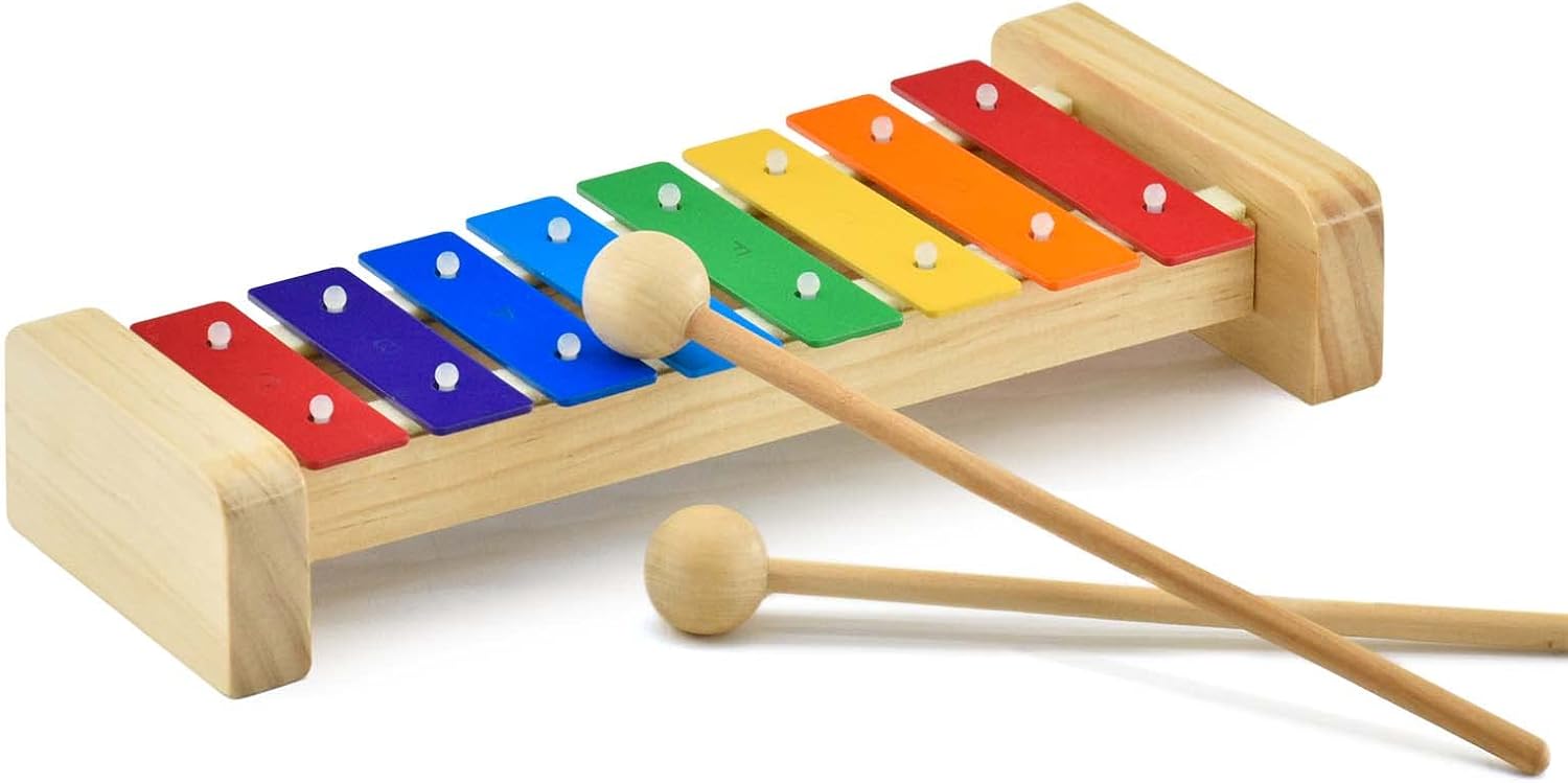 musicube-kids-wooden-xylophone-with-mallets-8-key-educational-percussion-instrument-01 MUSICUBE wooden xylophone for kids with eight colorful metal keys and two wooden mallets on a light wood base.