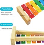 MUSICUBE wooden xylophone for kids with eight colorful metal keys and two wooden mallets on a light wood base.