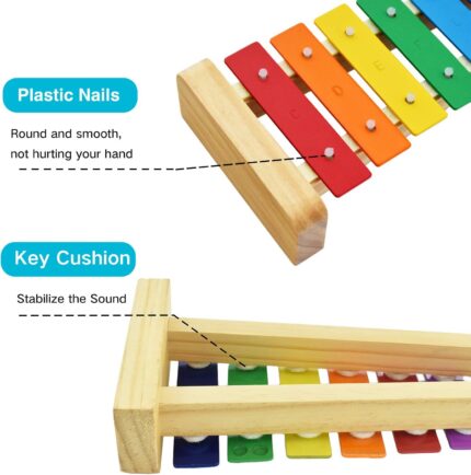 MUSICUBE wooden xylophone for kids with eight colorful metal keys and two wooden mallets on a light wood base.