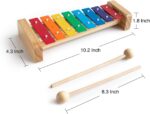 MUSICUBE wooden xylophone for kids with eight colorful metal keys and two wooden mallets on a light wood base.
