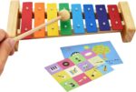 MUSICUBE wooden xylophone for kids with eight colorful metal keys and two wooden mallets on a light wood base.