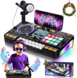 OZMI Kids DJ Music Mixer Table Board Set with a microphone and colorful lights, in black, on a white background.