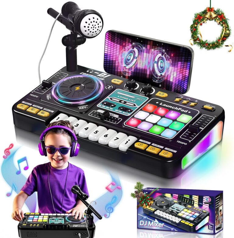 OZMI Kids DJ Music Mixer Table Board Set with a microphone and colorful lights, in black, on a white background.