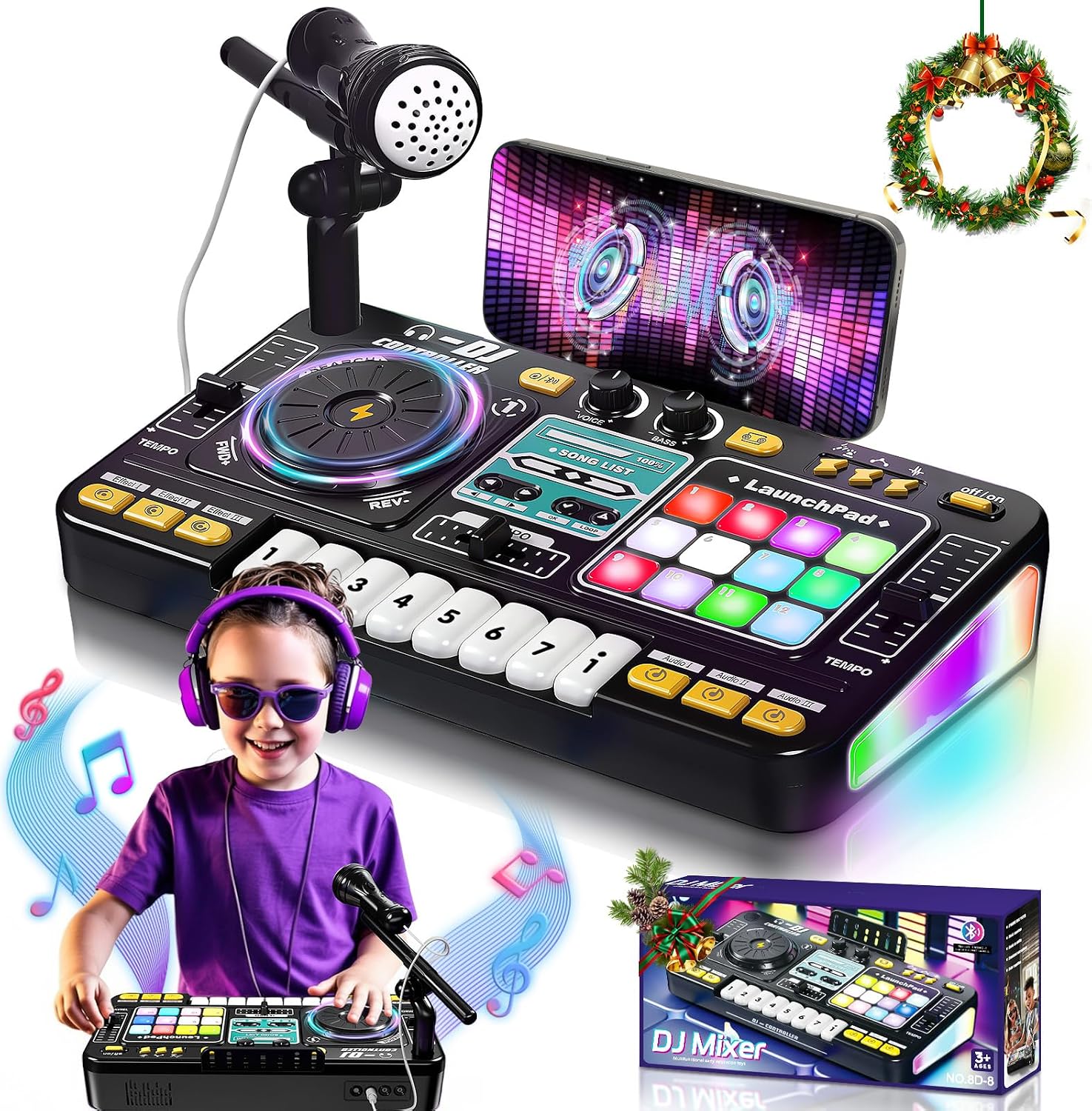 ozmi-kids-dj-music-mixer-table-board-set-with-mic-lights-ages-3-01 OZMI Kids DJ Music Mixer Table Board Set with a microphone and colorful lights, in black, on a white background.