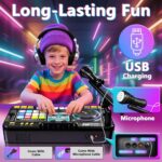 OZMI Kids DJ Music Mixer Table Board Set with a microphone and colorful lights, in black, on a white background.