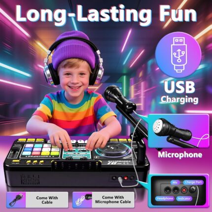 OZMI Kids DJ Music Mixer Table Board Set with a microphone and colorful lights, in black, on a white background.