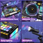 OZMI Kids DJ Music Mixer Table Board Set with a microphone and colorful lights, in black, on a white background.