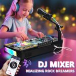 OZMI Kids DJ Music Mixer Table Board Set with a microphone and colorful lights, in black, on a white background.