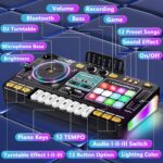 OZMI Kids DJ Music Mixer Table Board Set with a microphone and colorful lights, in black, on a white background.