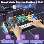 OZMI Kids DJ Music Mixer Table Board Set with a microphone and colorful lights, in black, on a white background.