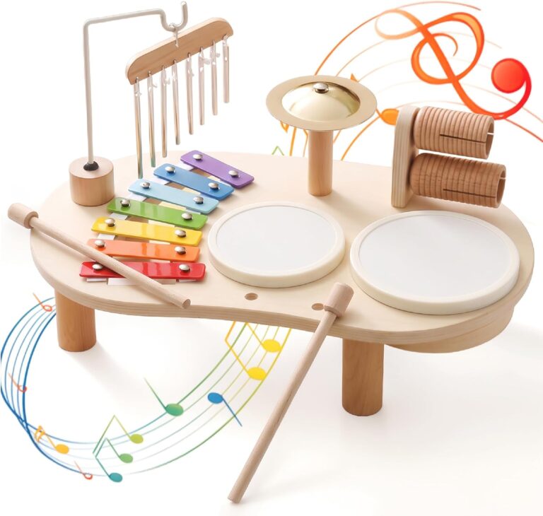 Promise Babe Wooden Drum Set for toddlers with xylophone, drums, cymbals, and wind chime on a wooden table.