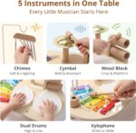 Promise Babe Wooden Drum Set for toddlers with xylophone, drums, cymbals, and wind chime on a wooden table.