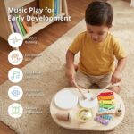 Promise Babe Wooden Drum Set for toddlers with xylophone, drums, cymbals, and wind chime on a wooden table.