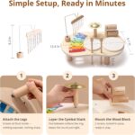 Promise Babe Wooden Drum Set for toddlers with xylophone, drums, cymbals, and wind chime on a wooden table.
