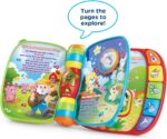 A red VTech Musical Rhymes Book, open to a colorful page with interactive elements and piano keys.