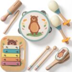 A blue WoodenEdu 8-piece wooden musical instrument set for toddlers, including a xylophone, shakers, and more, in a storage b