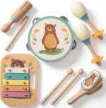 A blue WoodenEdu 8-piece wooden musical instrument set for toddlers, including a xylophone, shakers, and more, in a storage b