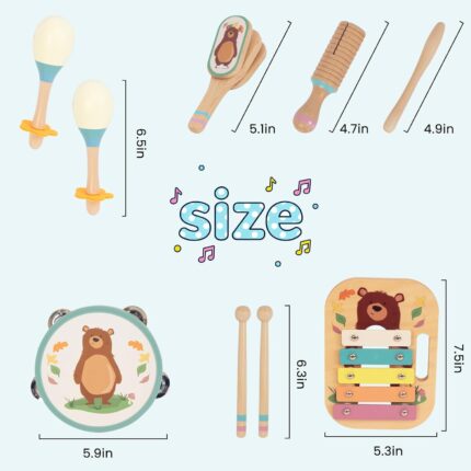 A blue WoodenEdu 8-piece wooden musical instrument set for toddlers, including a xylophone, shakers, and more, in a storage b