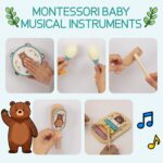 A blue WoodenEdu 8-piece wooden musical instrument set for toddlers, including a xylophone, shakers, and more, in a storage b