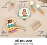 A blue WoodenEdu 8-piece wooden musical instrument set for toddlers, including a xylophone, shakers, and more, in a storage b