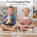 A blue WoodenEdu 8-piece wooden musical instrument set for toddlers, including a xylophone, shakers, and more, in a storage b