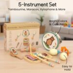 A blue WoodenEdu 8-piece wooden musical instrument set for toddlers, including a xylophone, shakers, and more, in a storage b