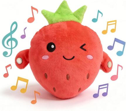 A soft pink strawberry plush toy with embroidered features, designed for sensory and musical play with babies and toddlers.