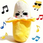 Bright yellow plush banana musical toy with a soft texture, designed for interactive play and sensory development in children