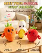 Bright yellow plush banana musical toy with a soft texture, designed for interactive play and sensory development in children