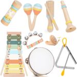 A collection of ZJEFUNS wooden musical instruments including a xylophone and tambourine, arranged for play.