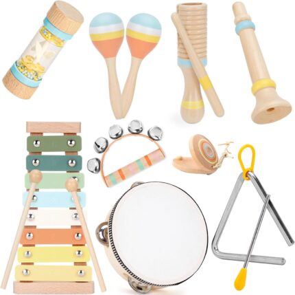 A collection of ZJEFUNS wooden musical instruments including a xylophone and tambourine, arranged for play.