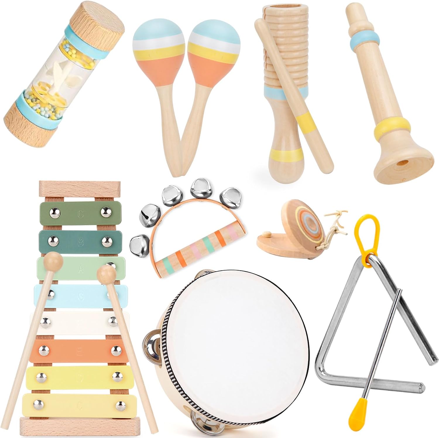 zjefuns-kids-musical-instruments-set-wooden-montessori-xylophone-tambourine-for-toddlers-01 A collection of ZJEFUNS wooden musical instruments including a xylophone and tambourine, arranged for play.