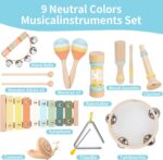 A collection of ZJEFUNS wooden musical instruments including a xylophone and tambourine, arranged for play.