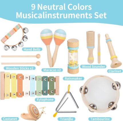 A collection of ZJEFUNS wooden musical instruments including a xylophone and tambourine, arranged for play.