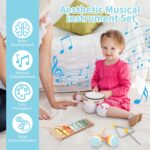 A collection of ZJEFUNS wooden musical instruments including a xylophone and tambourine, arranged for play.