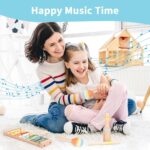 A collection of ZJEFUNS wooden musical instruments including a xylophone and tambourine, arranged for play.